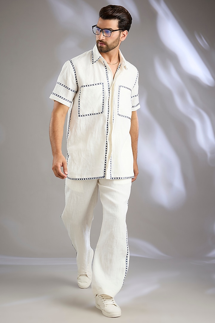 Ivory Linen Placement Embroidered Co-Ord Set by Arun Verma at Pernia's Pop Up Shop