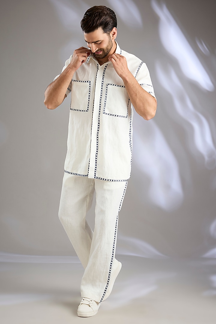 Ivory Linen Placement Embroidered Co-Ord Set by Arun Verma at Pernia's Pop Up Shop
