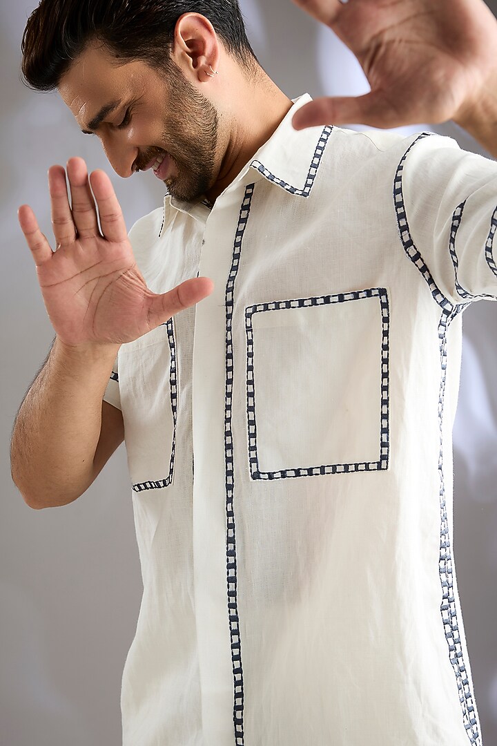 Ivory Linen Placement Embroidered Co-Ord Set by Arun Verma at Pernia's Pop Up Shop