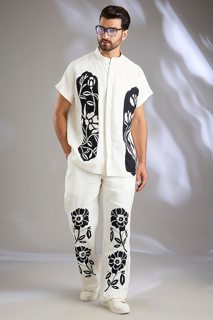 Ivory Linen Placement Embroidered Co-Ord Set by Arun Verma at Pernia's Pop Up Shop