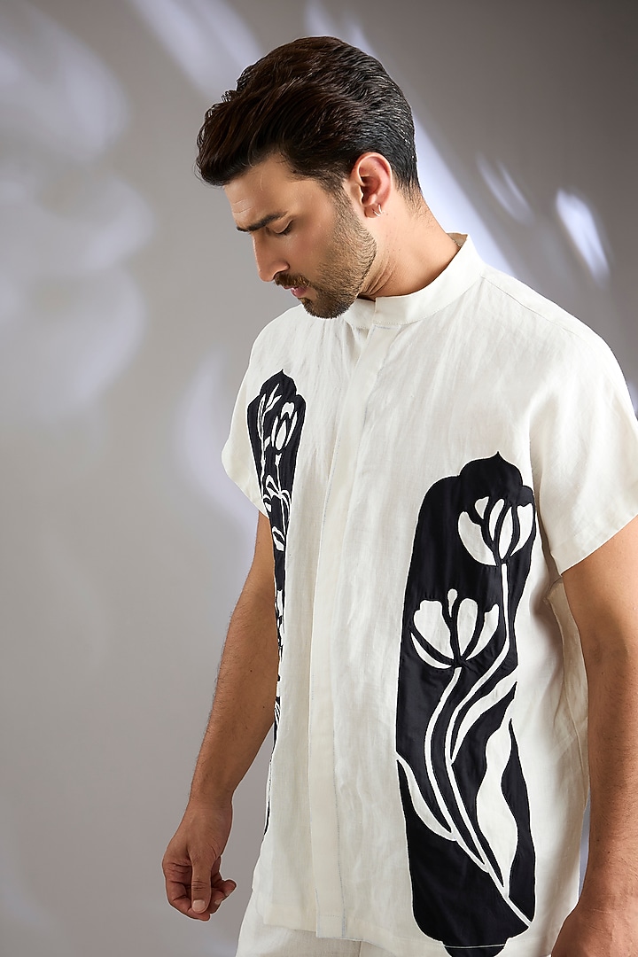 Ivory Linen Placement Embroidered Co-Ord Set by Arun Verma at Pernia's Pop Up Shop