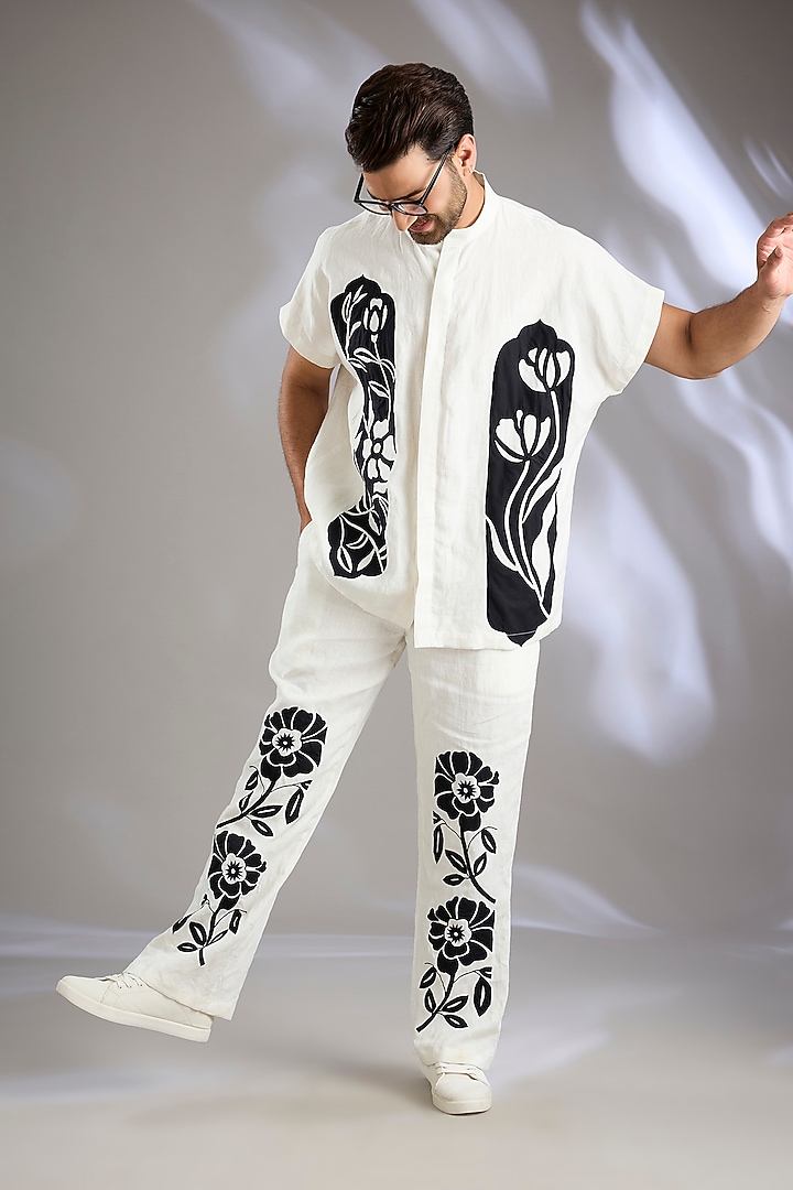 Ivory Linen Placement Embroidered Co-Ord Set by Arun Verma at Pernia's Pop Up Shop
