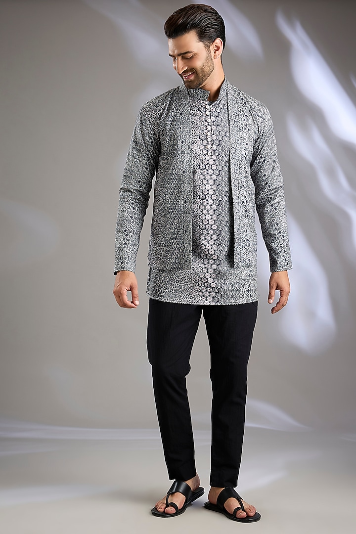 Black Cotton Satin Digital Printed Wedding Indowestern Set by Arun Verma at Pernia's Pop Up Shop