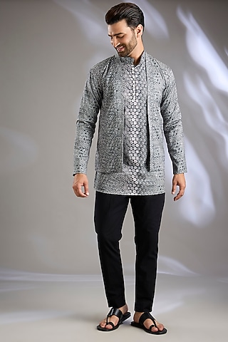 Black Cotton Satin Digital Printed Indowestern Set by Arun Verma