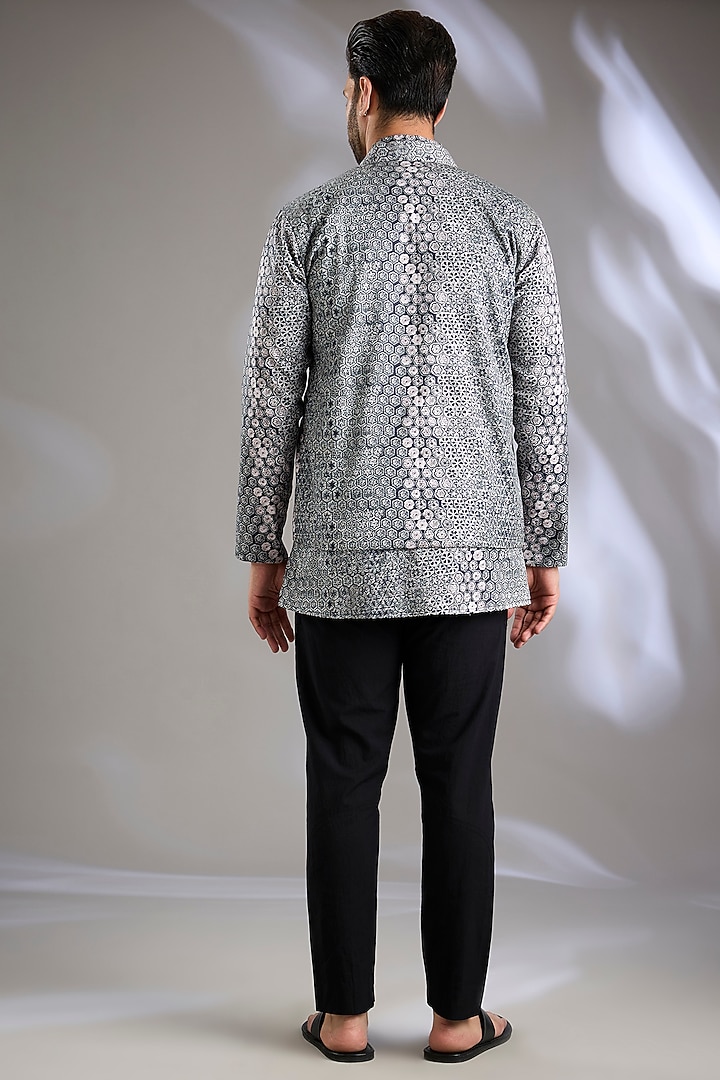 Black Cotton Satin Digital Printed Wedding Indowestern Set by Arun Verma at Pernia's Pop Up Shop