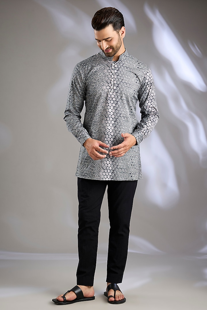 Black Cotton Satin Digital Printed Wedding Indowestern Set by Arun Verma at Pernia's Pop Up Shop