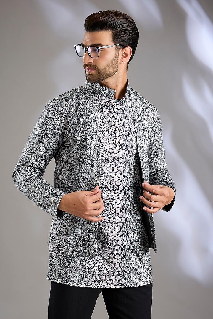 Black Cotton Satin Digital Printed Wedding Indowestern Set by Arun Verma at Pernia's Pop Up Shop