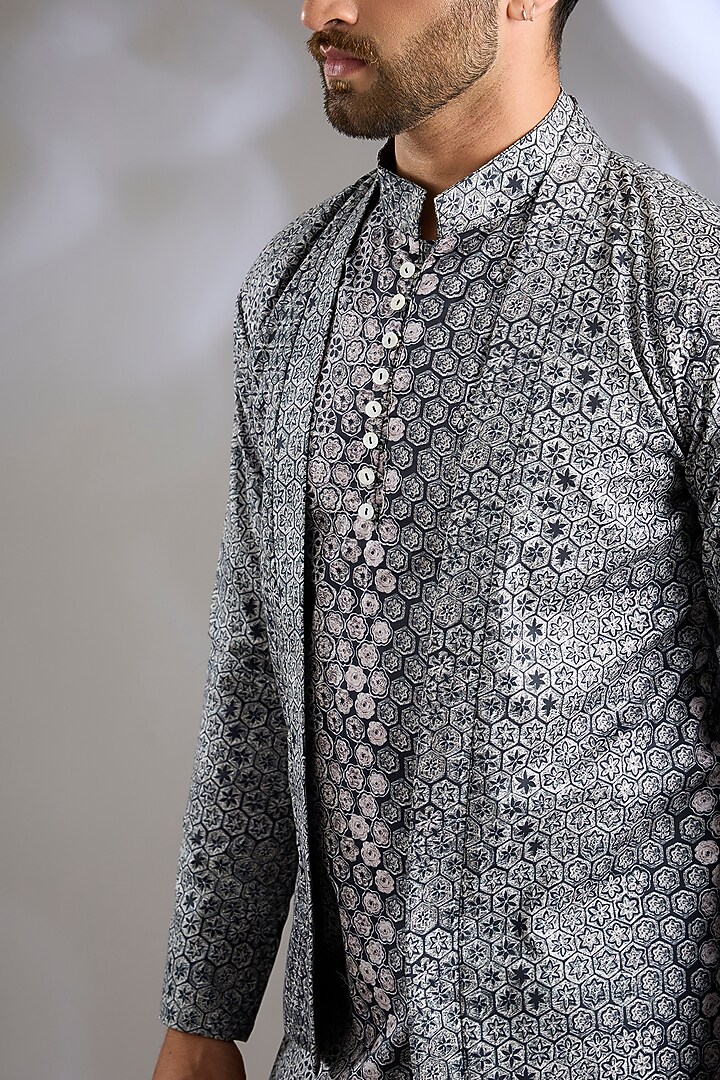 Black Cotton Satin Digital Printed Wedding Indowestern Set by Arun Verma at Pernia's Pop Up Shop