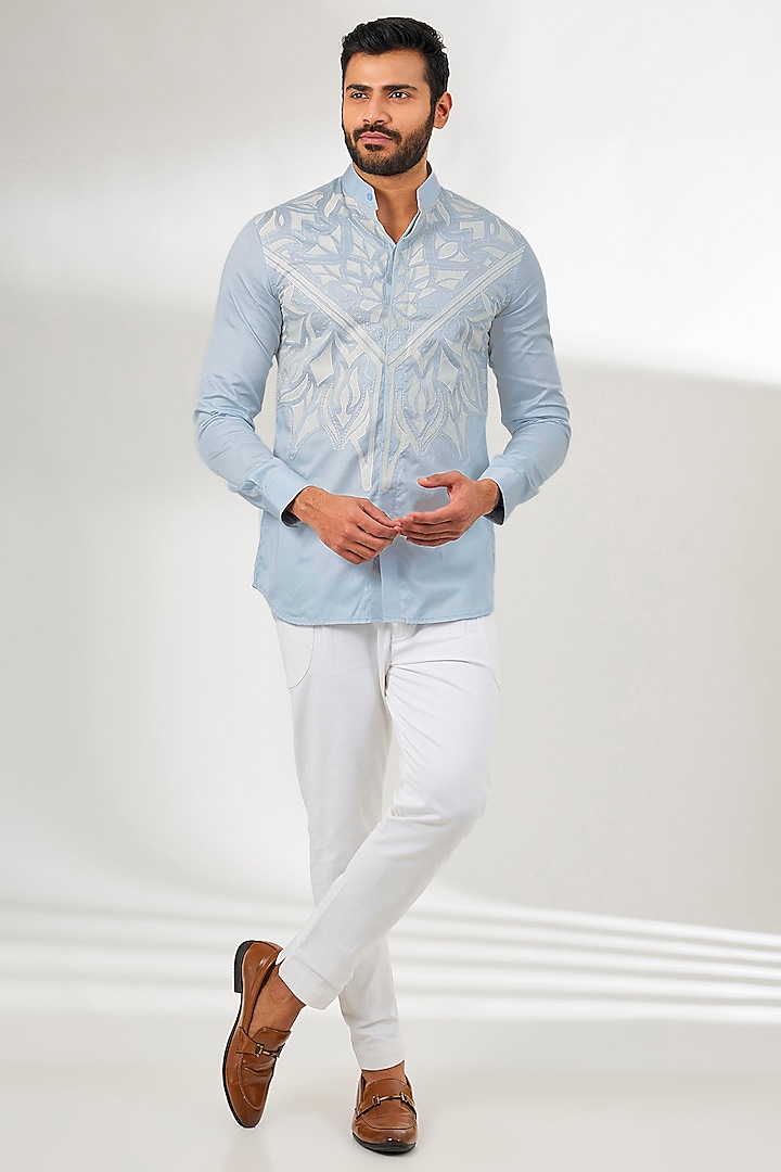 Blue Cotton Resham Thread Embroidered Wedding Shirt by Arun Verma at Pernia's Pop Up Shop