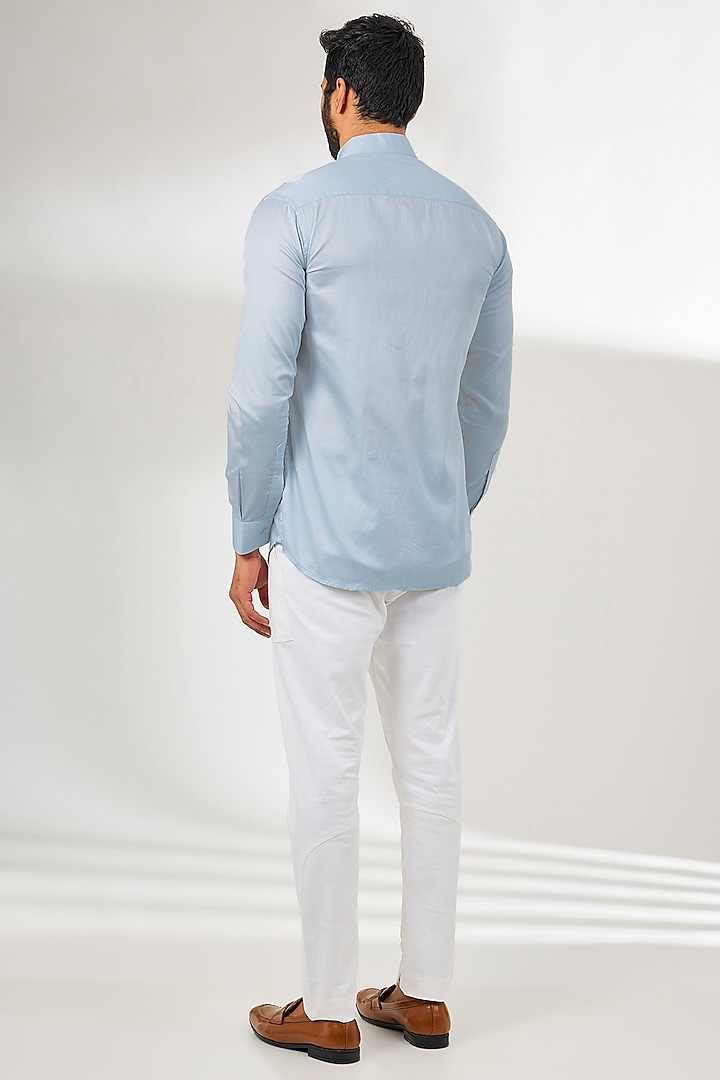 Blue Cotton Resham Thread Embroidered Wedding Shirt by Arun Verma at Pernia's Pop Up Shop