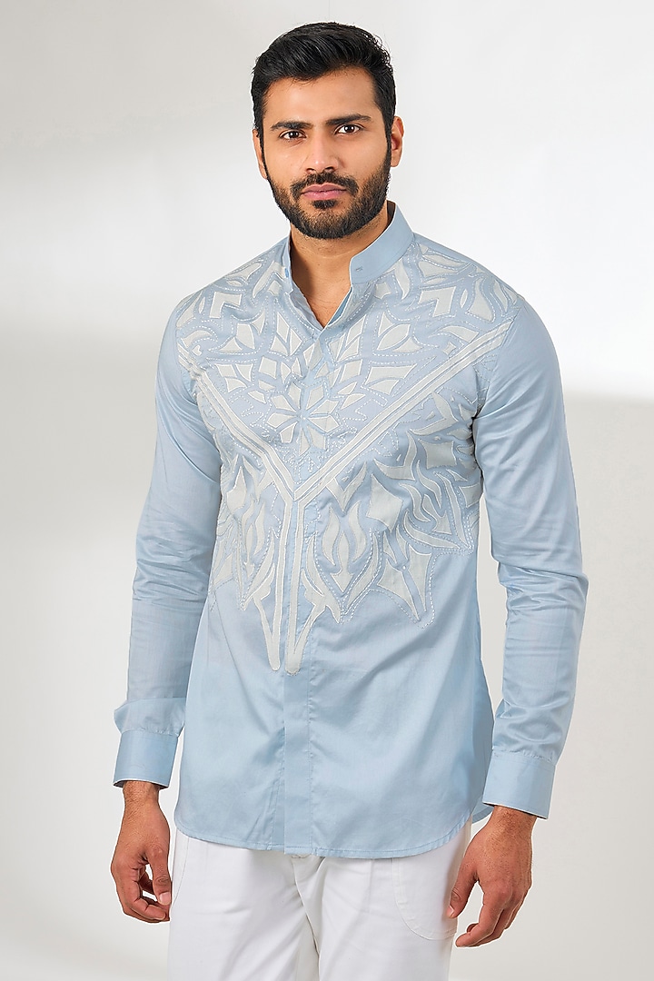Blue Cotton Resham Thread Embroidered Wedding Shirt by Arun Verma at Pernia's Pop Up Shop
