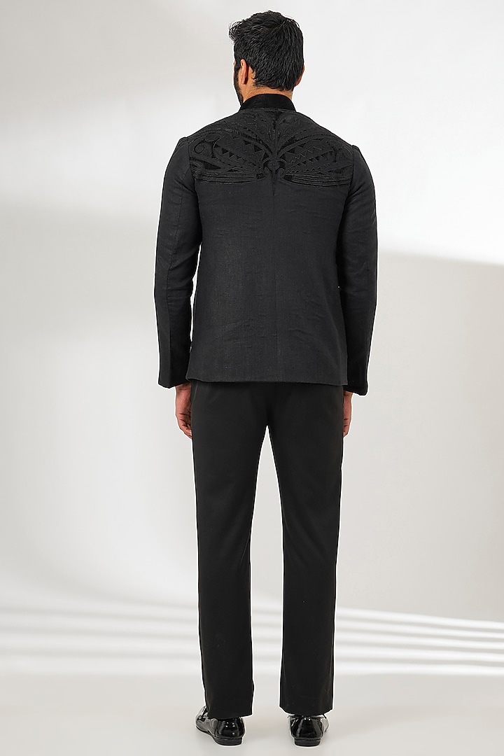 Black Linen Applique Embroidered Jacket by Arun Verma at Pernia's Pop Up Shop