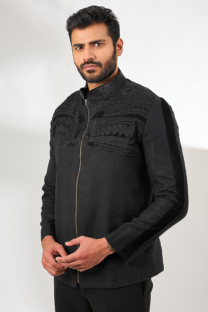 Black Linen Applique Embroidered Jacket by Arun Verma at Pernia's Pop Up Shop