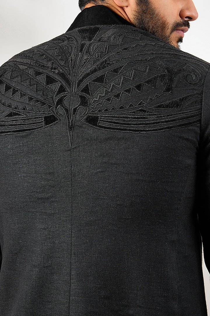 Black Linen Applique Embroidered Jacket by Arun Verma at Pernia's Pop Up Shop