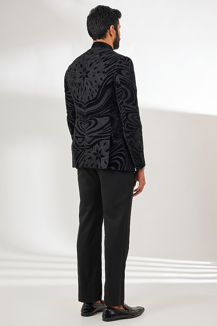 Black Linen Resham Thread Embroidered Wedding Bandhgala by Arun Verma at Pernia's Pop Up Shop