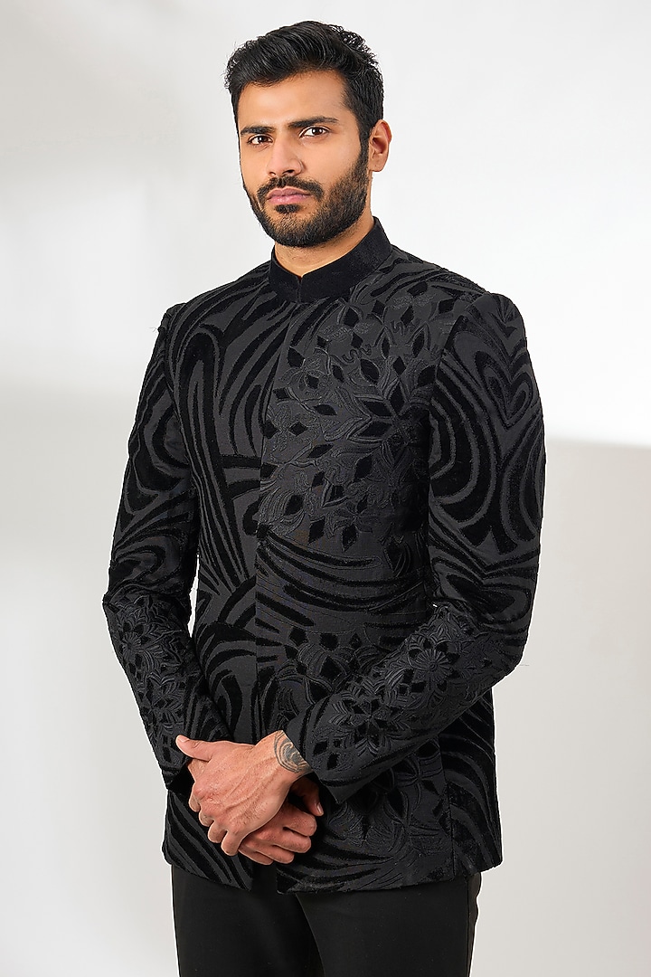 Black Linen Resham Thread Embroidered Wedding Bandhgala by Arun Verma at Pernia's Pop Up Shop