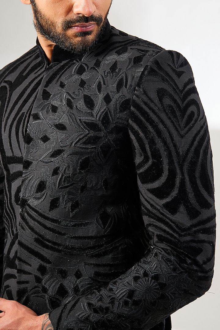 Black Linen Resham Thread Embroidered Wedding Bandhgala by Arun Verma at Pernia's Pop Up Shop