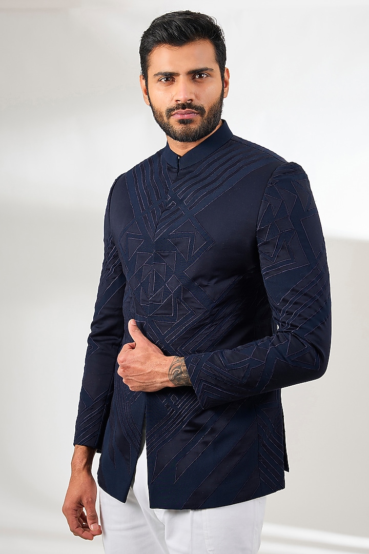 Indigo Micro Embroidered Wedding Bandhgala by Arun Verma at Pernia's Pop Up Shop