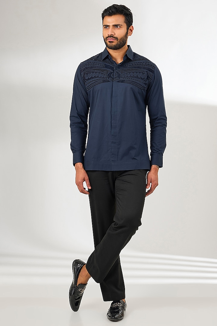 Navy Blue Cotton Thread Embroidered Shirt by Arun Verma