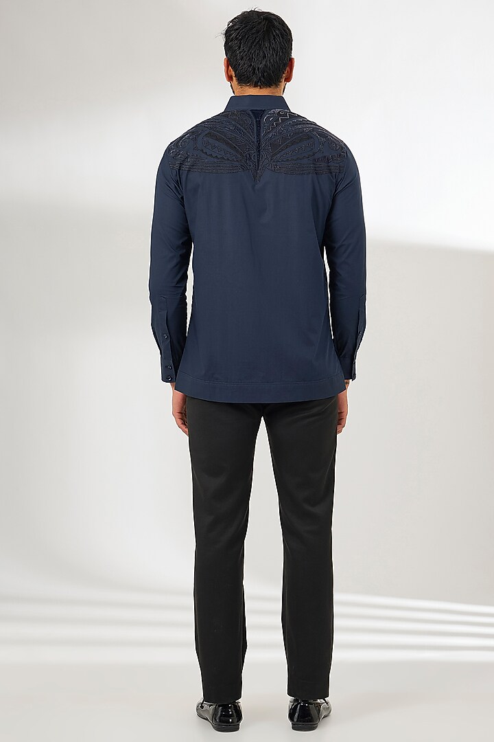 Navy Blue Cotton Thread Embroidered Party Wear Shirt by Arun Verma at Pernia's Pop Up Shop