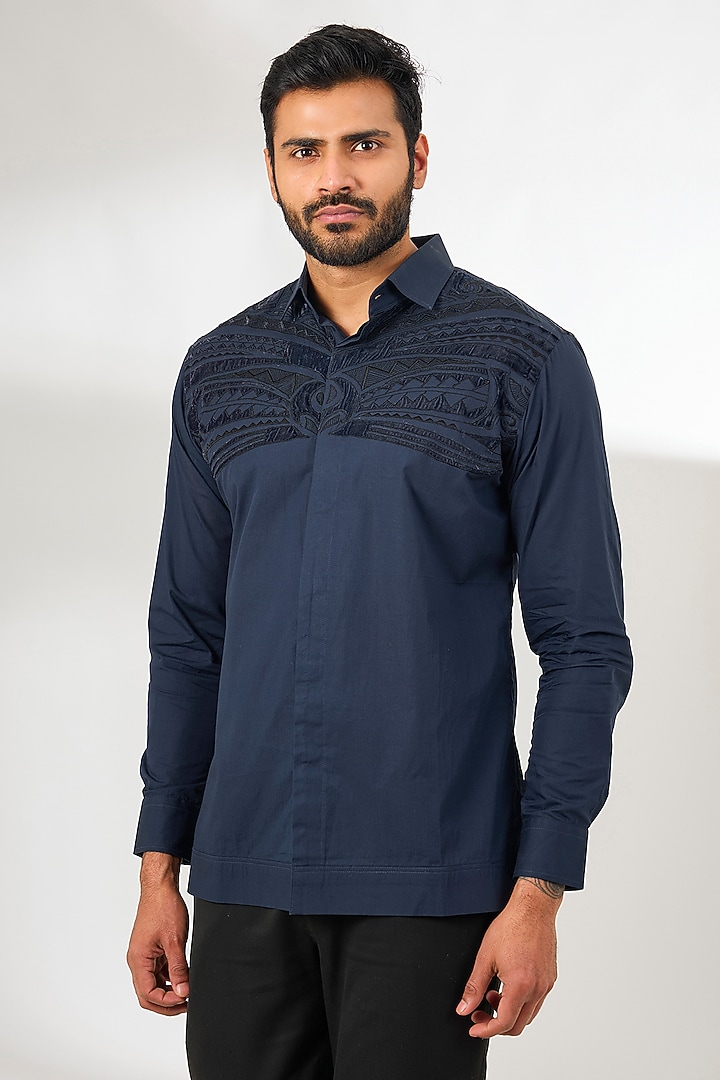 Navy Blue Cotton Thread Embroidered Party Wear Shirt by Arun Verma at Pernia's Pop Up Shop