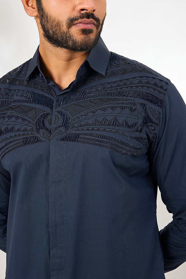 Navy Blue Cotton Thread Embroidered Party Wear Shirt by Arun Verma at Pernia's Pop Up Shop