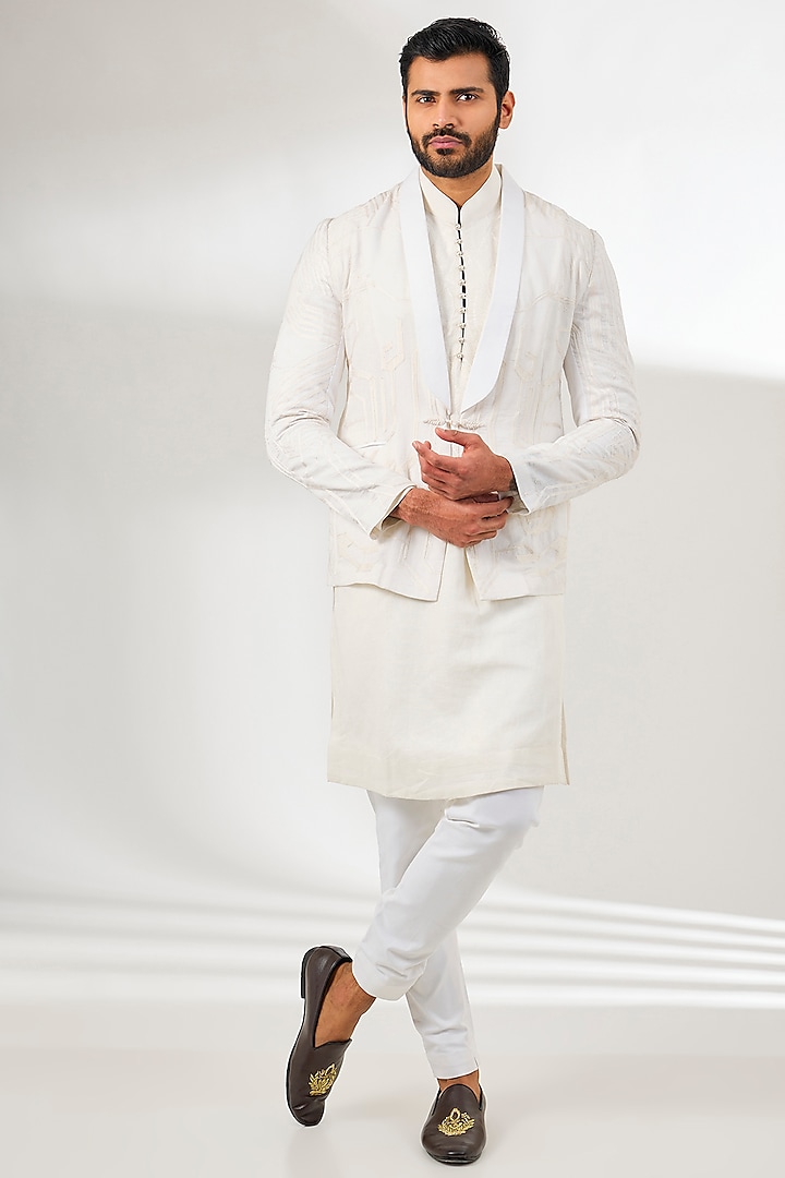 Ivory Linen Resham Embroidered Jacket by Arun Verma