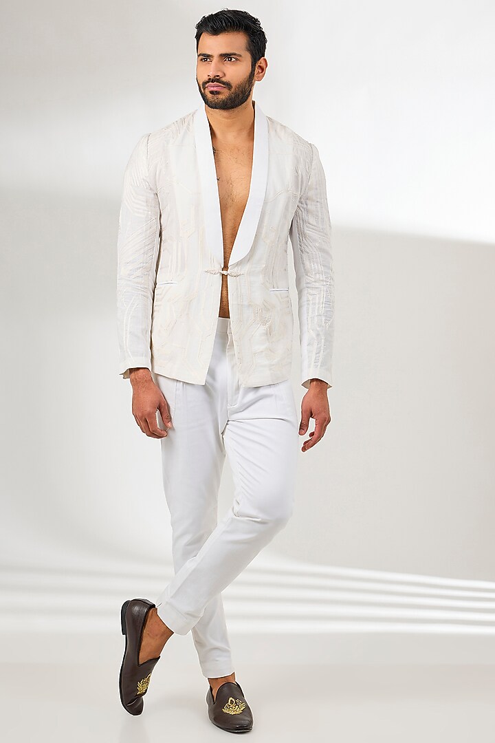 Ivory Linen Resham Embroidered Jacket by Arun Verma at Pernia's Pop Up Shop