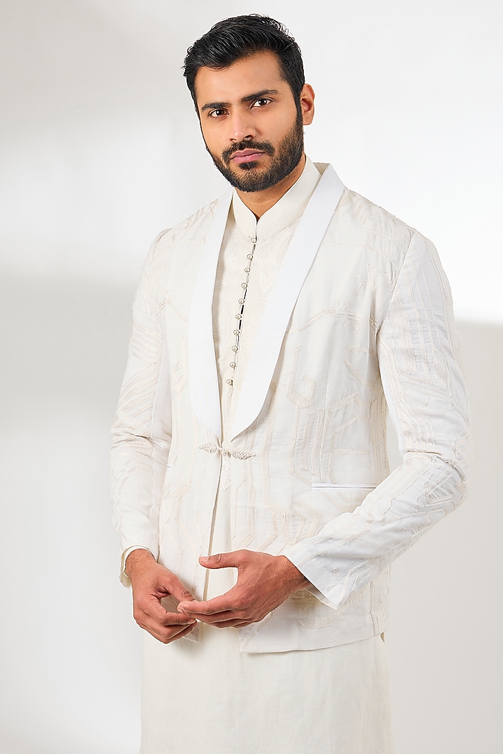 Ivory Linen Resham Embroidered Jacket by Arun Verma at Pernia's Pop Up Shop