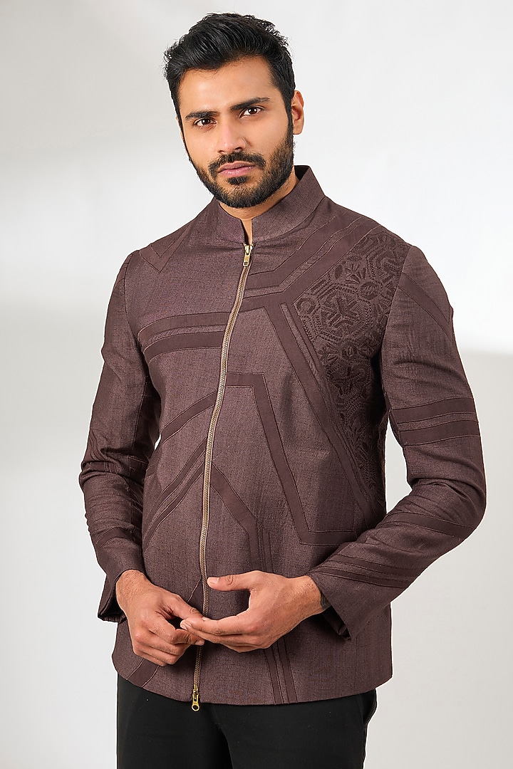 Wine Silk Embroidered Zipper Jacket by Arun Verma at Pernia's Pop Up Shop