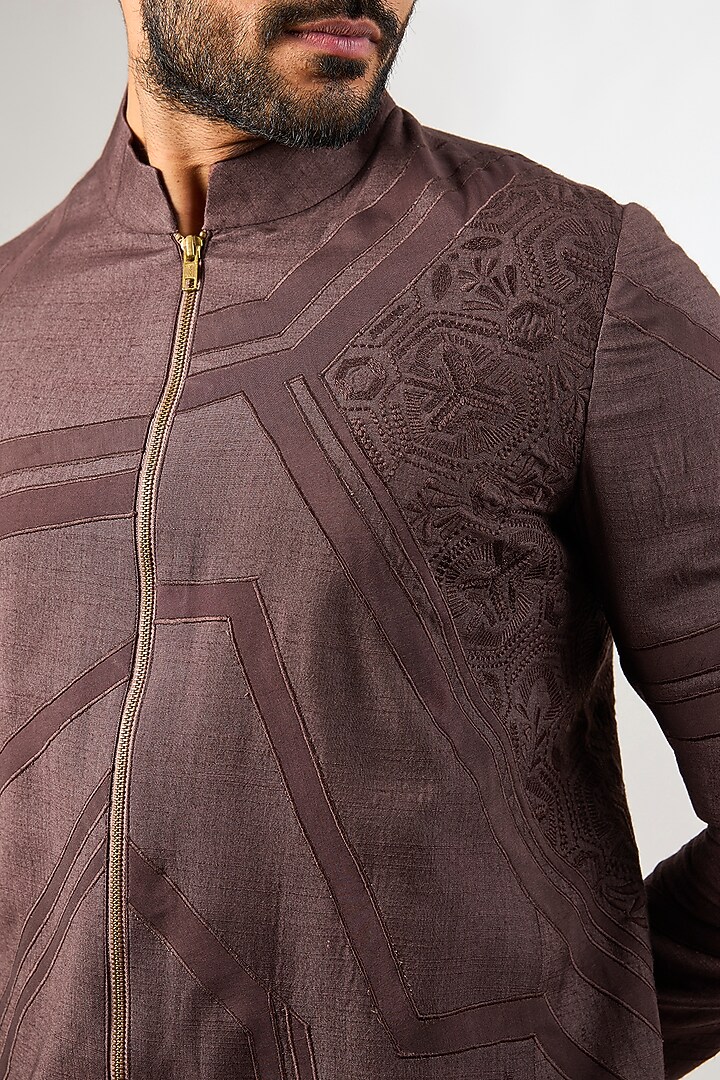 Wine Silk Embroidered Zipper Jacket by Arun Verma at Pernia's Pop Up Shop