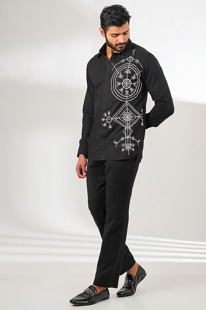 Black Cotton Resham Thread Embroidered Shirt by Arun Verma