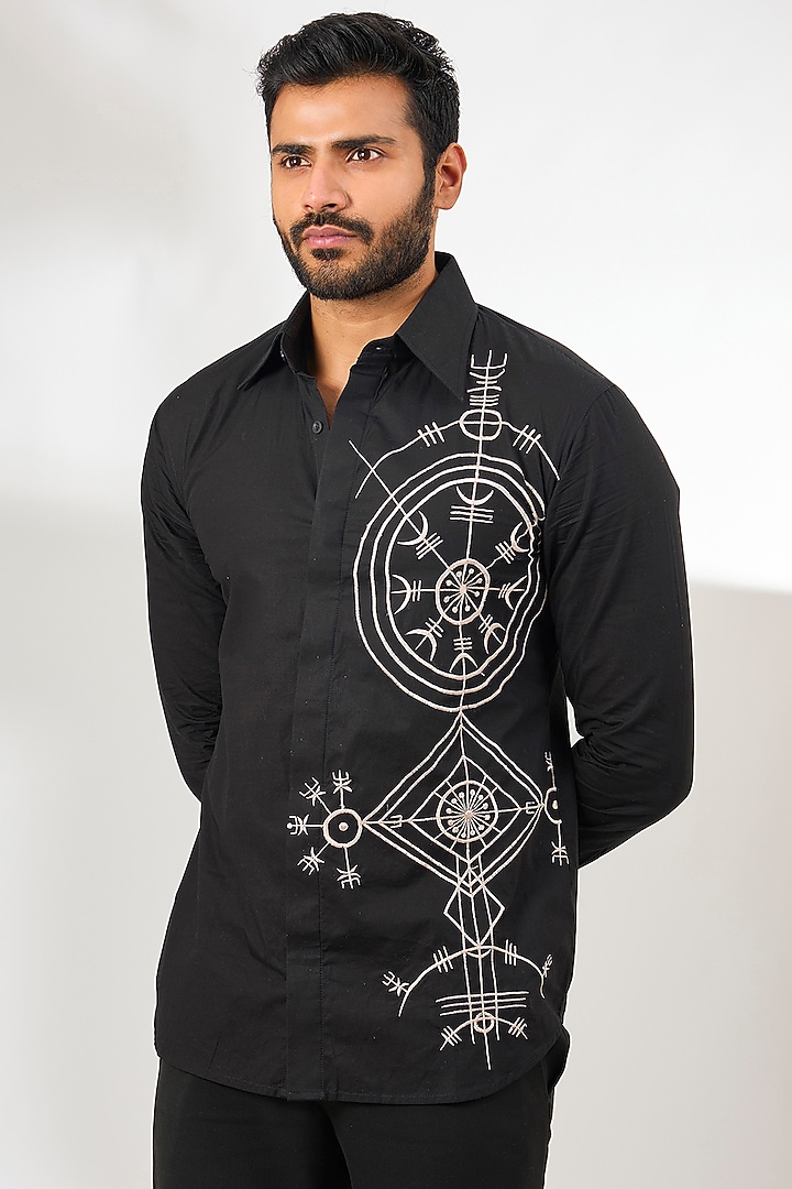 Black Cotton Resham Thread Embroidered Party Wear Shirt by Arun Verma at Pernia's Pop Up Shop
