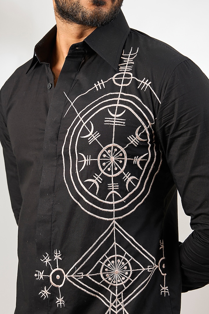 Black Cotton Resham Thread Embroidered Party Wear Shirt by Arun Verma at Pernia's Pop Up Shop