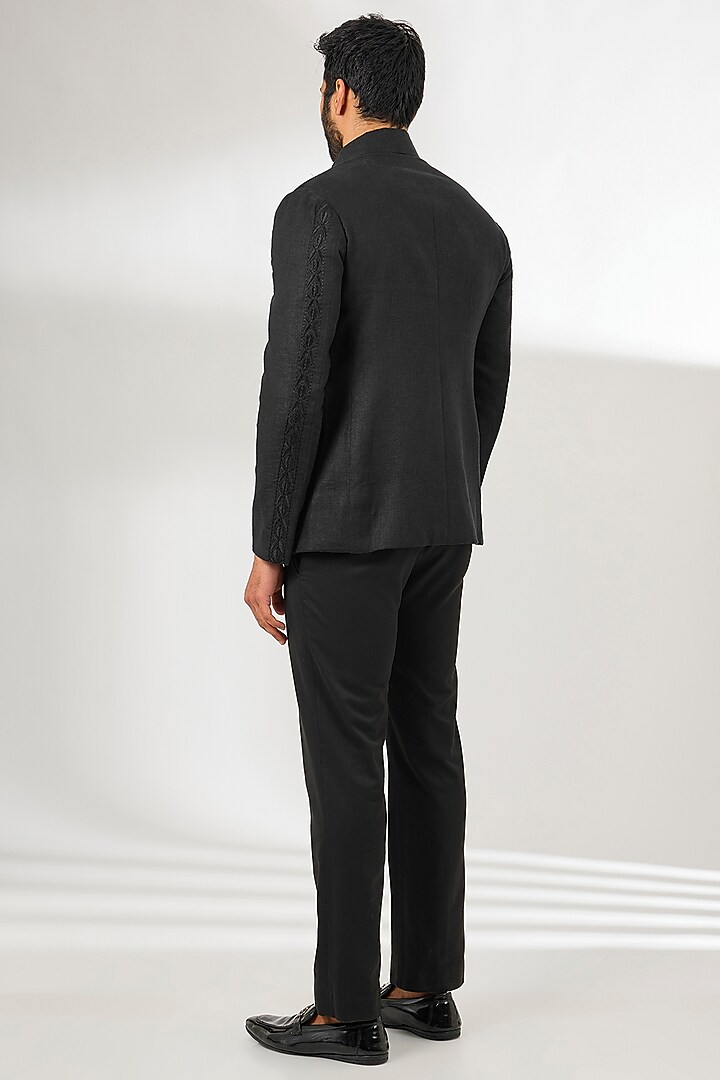 Black Silk Resham Thread Embroidered Zipper Jacket by Arun Verma at Pernia's Pop Up Shop