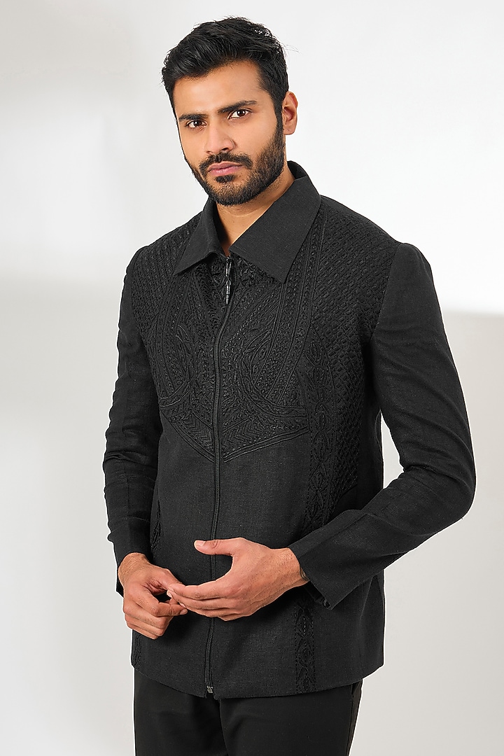 Black Silk Resham Thread Embroidered Zipper Jacket by Arun Verma at Pernia's Pop Up Shop