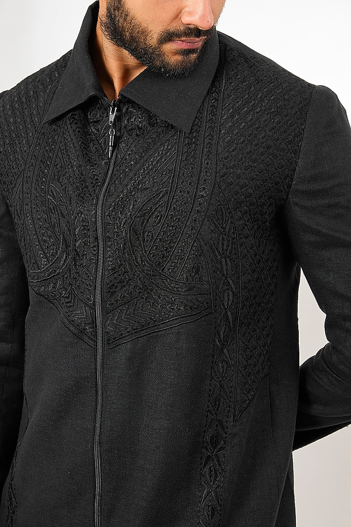 Black Silk Resham Thread Embroidered Zipper Jacket by Arun Verma at Pernia's Pop Up Shop