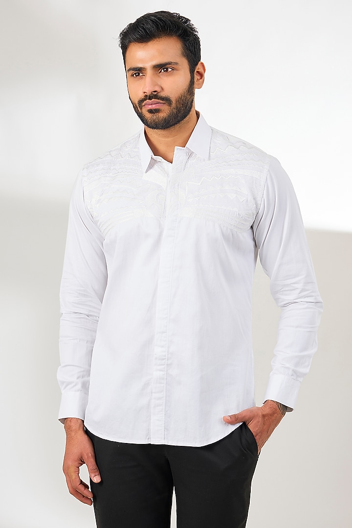 White Cotton Thread Embroidered Party Wear Shirt by Arun Verma at Pernia's Pop Up Shop
