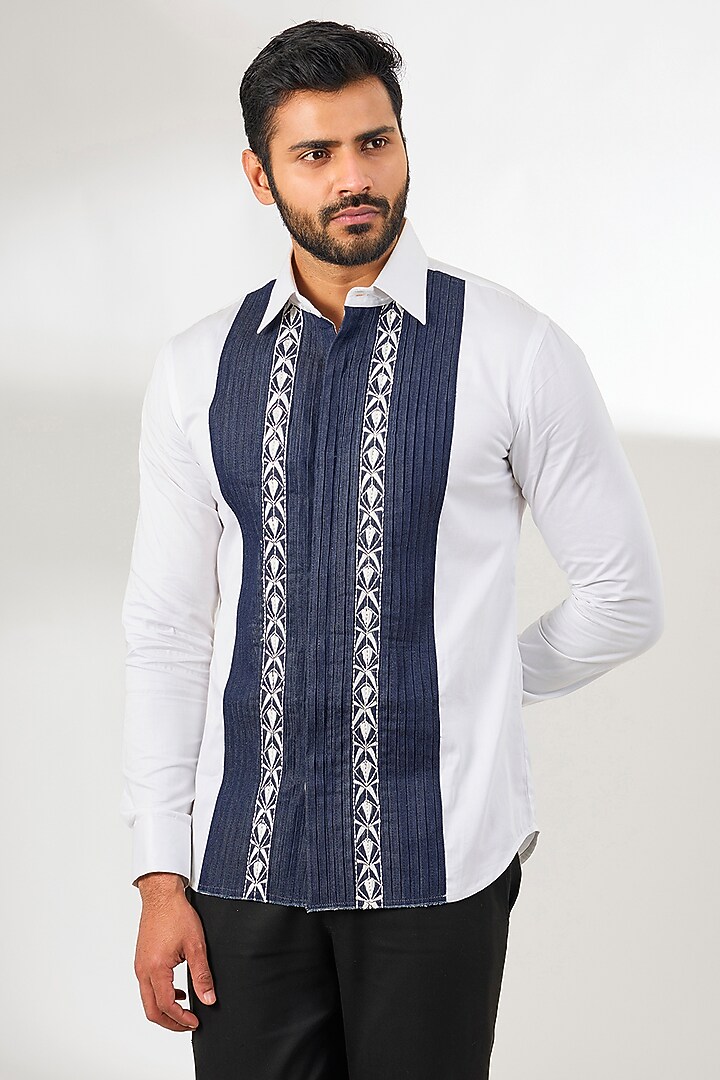 White Cotton Thread Embroidered Party Wear Shirt by Arun Verma at Pernia's Pop Up Shop