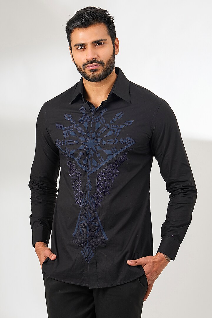 Black Silk Resham Thread Embroidered Party Wear Shirt by Arun Verma at Pernia's Pop Up Shop
