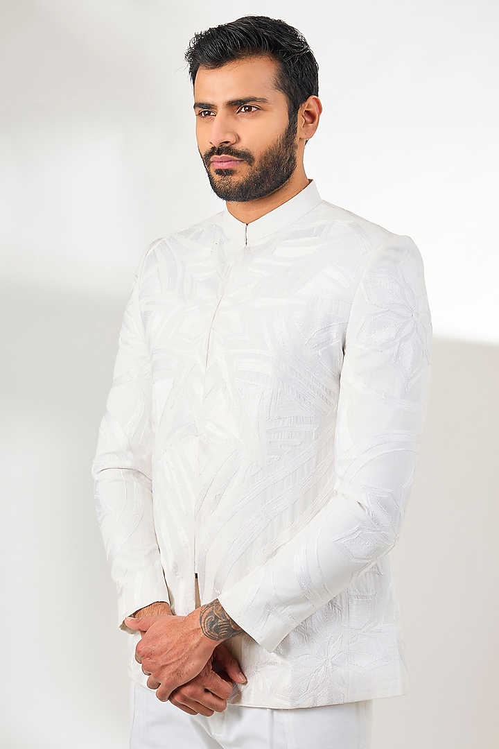 White Linen Aari Resham Embroidered Wedding Bandhgala by Arun Verma at Pernia's Pop Up Shop