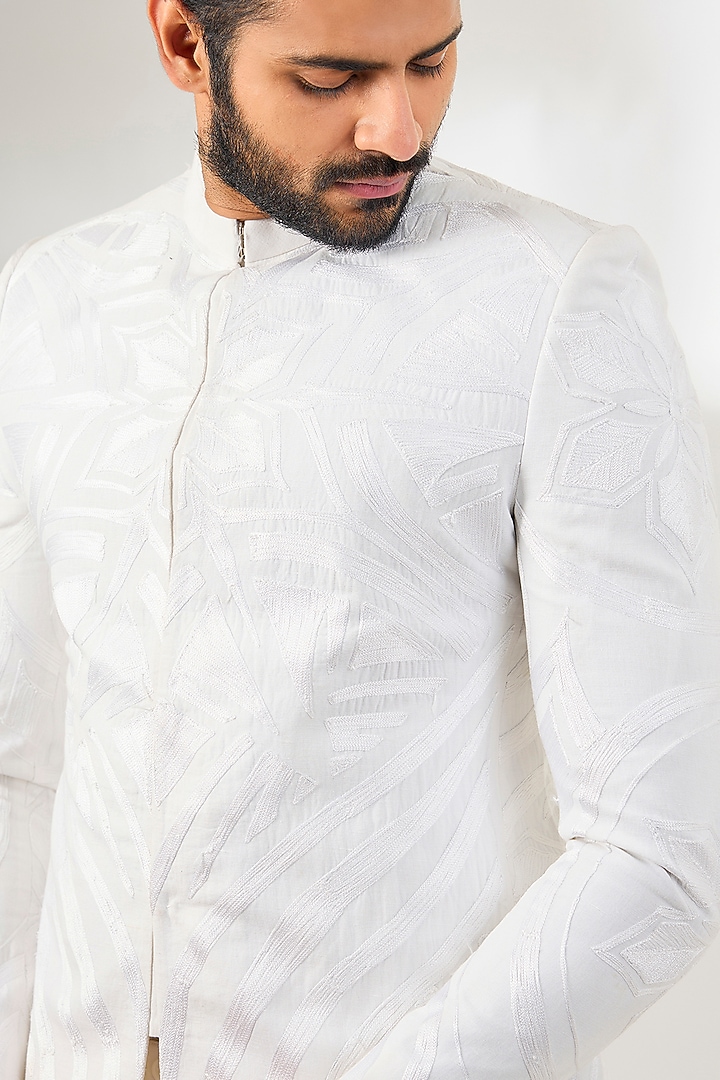 White Linen Aari Resham Embroidered Wedding Bandhgala by Arun Verma at Pernia's Pop Up Shop