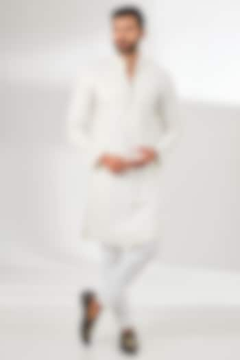 White Linen Resham Embroidered Kurta by Arun Verma