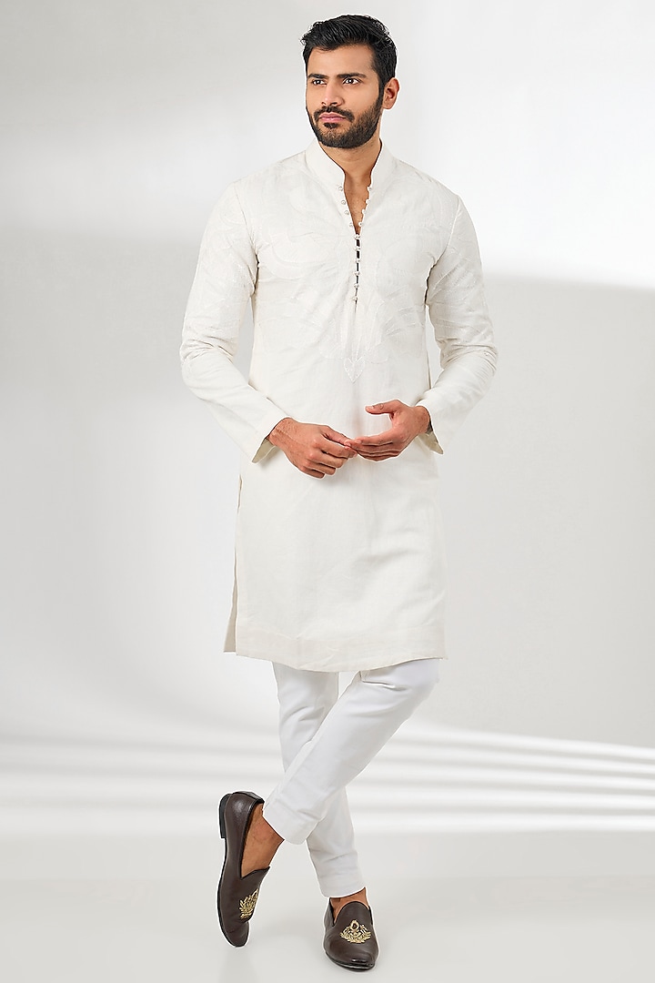 White Linen Resham Embroidered Kurta by Arun Verma