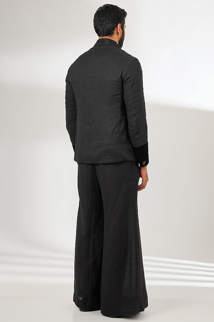 Black Linen Applique Embroidered Jacket by Arun Verma at Pernia's Pop Up Shop