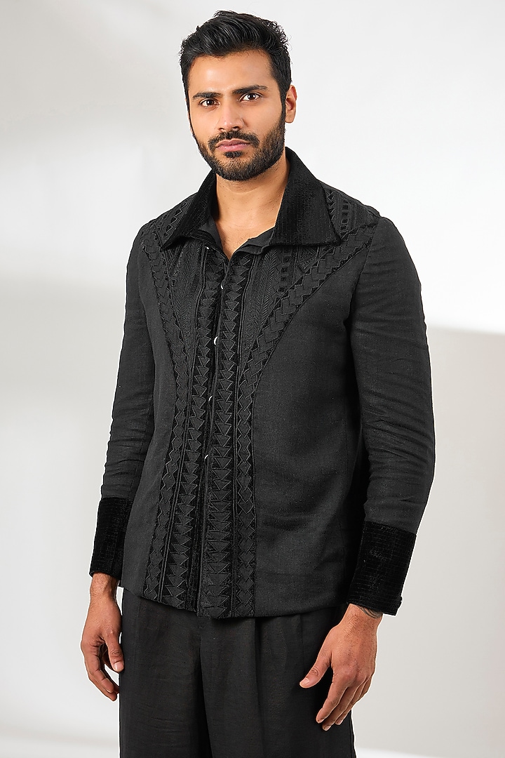 Black Linen Applique Embroidered Jacket by Arun Verma at Pernia's Pop Up Shop