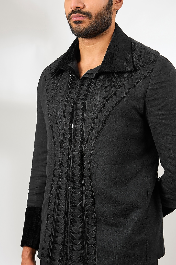 Black Linen Applique Embroidered Jacket by Arun Verma at Pernia's Pop Up Shop