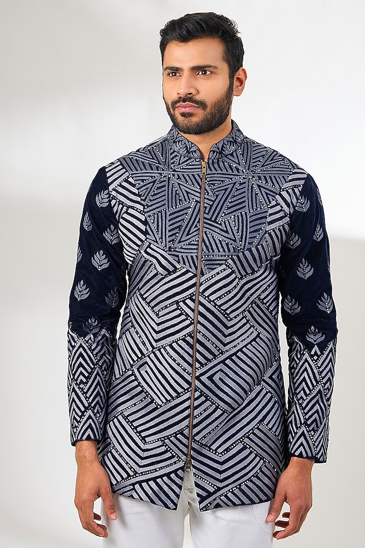 Navy Blue Silk Velvet Hand Embroidered Wedding Bandhgala by Arun Verma at Pernia's Pop Up Shop