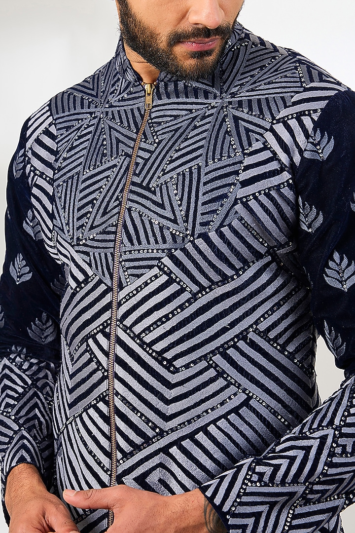 Navy Blue Silk Velvet Hand Embroidered Wedding Bandhgala by Arun Verma at Pernia's Pop Up Shop