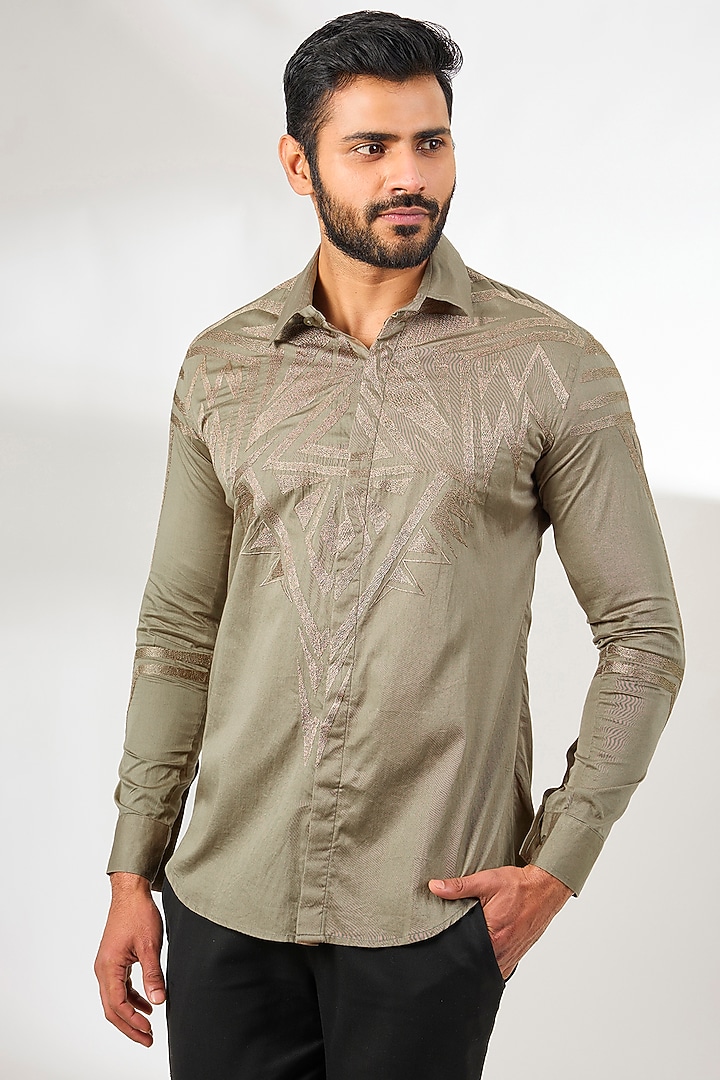 Beige Cotton Satin Resham Thread Embroidered Party Wear Shirt by Arun Verma at Pernia's Pop Up Shop